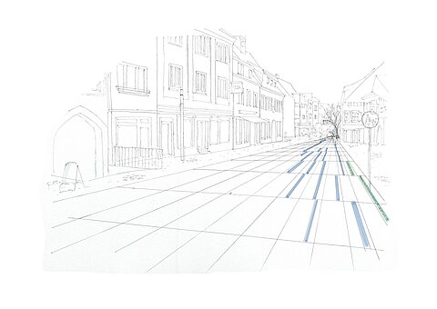 Wettbewerbsentwurf „Urban Pavement 2.1“ landete Theodor Reinhardt Bild eines Wettbwerbsentwurfs, Schwarzweiß-Zeichnung mit Akzent auf farbige Lichtleisten auf dem Boden.