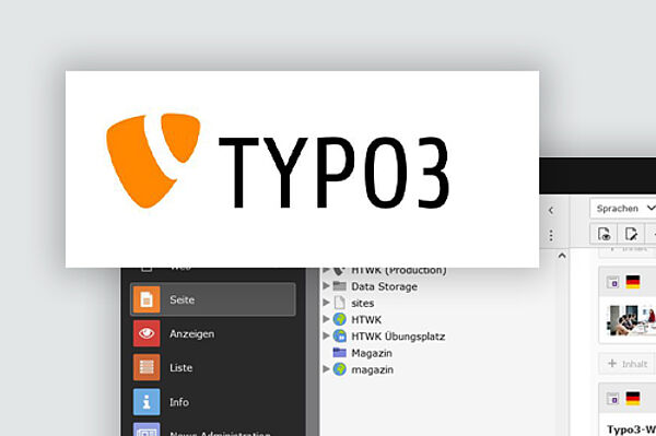 Screenshot vom TYPO3-Backend mit einem darüberliegenden TYPO3-Logo